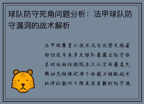 球队防守死角问题分析：法甲球队防守漏洞的战术解析