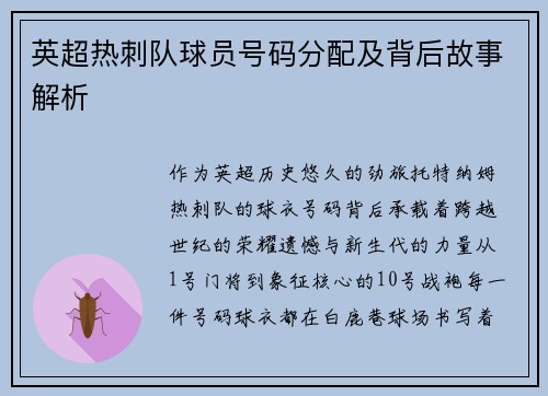 英超热刺队球员号码分配及背后故事解析