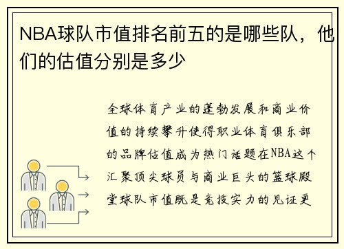 NBA球队市值排名前五的是哪些队，他们的估值分别是多少